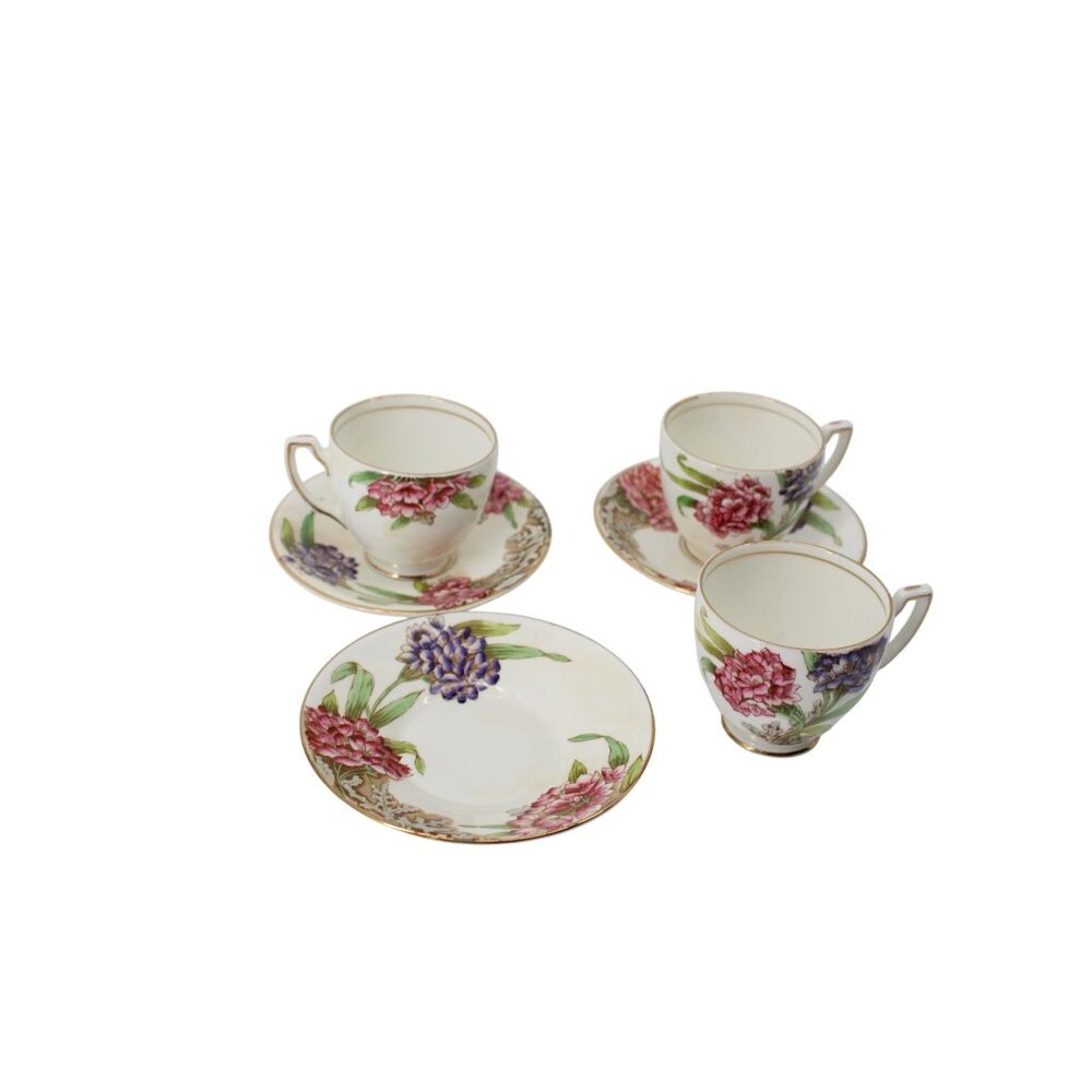 3 Melba Bone China England Teacup Saucer Floral Vintage Antique 93799